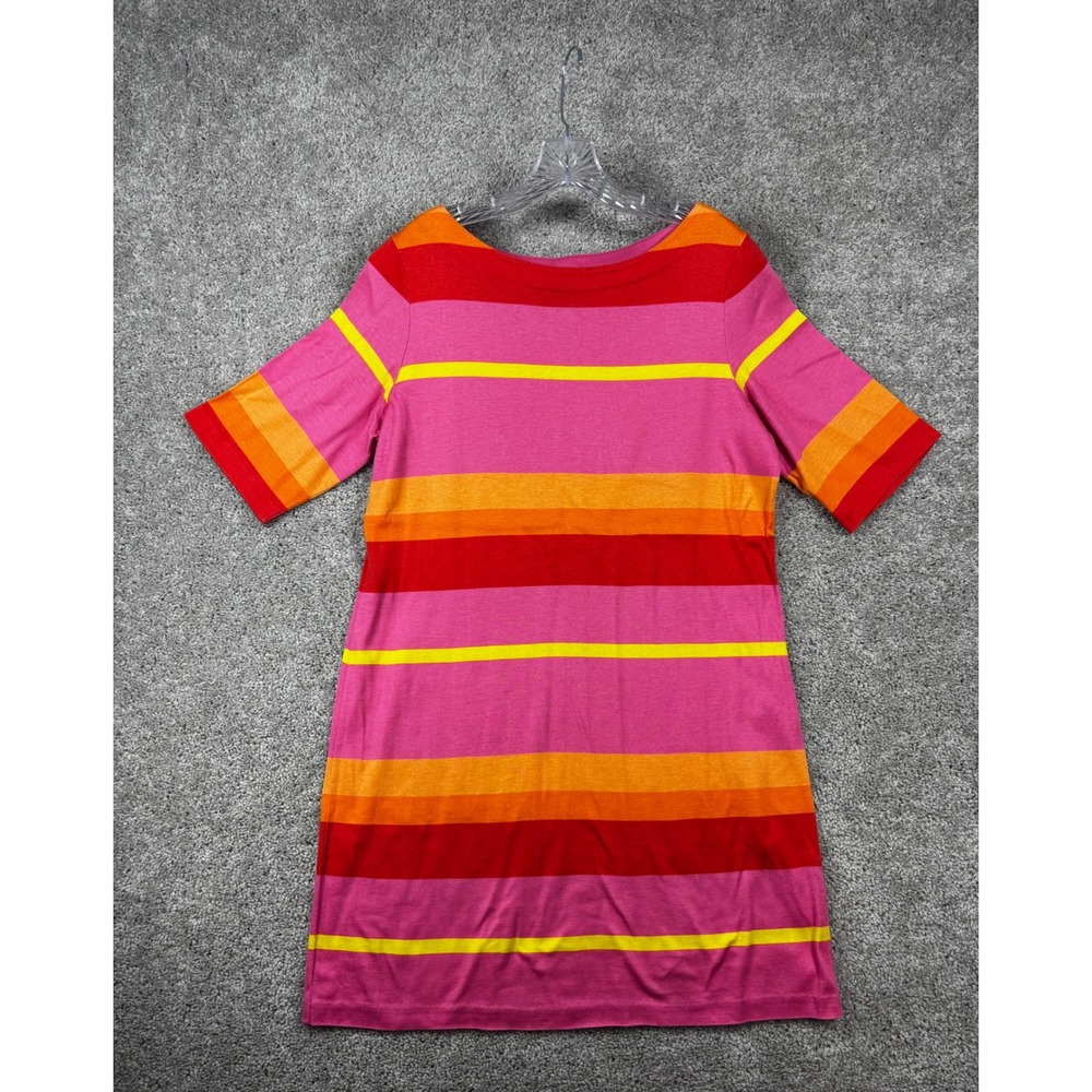 Talbots Petites L Pink Orange Striped Pima Cotton Boat Neck T-Shirt Dress